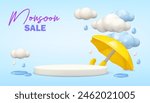 Monsoon sale podium template. Vector 3d mockup background, rainy autumn illustration. Yellow umbrella, clouds and drops with puddles. Cute cartoon template design
