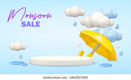 Monsoon sale podium template. Vector 3d mockup background, rainy autumn illustration. Yellow umbrella, clouds and drops with puddles. Cute cartoon template design