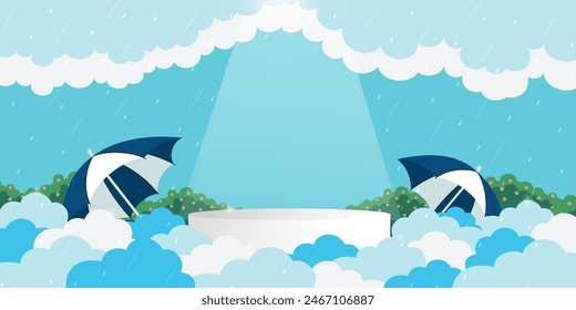 Monsoon sale podium with white fluffy clouds and umbrellas for products display presentation with clouds and raindrops. Vector illustration.