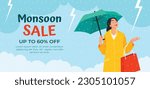 Monsoon Sale Poster.  Monsoon Sale banner. Discount, Offers. monsoon season background. rainy day concept. rainy season. rainy background. rain. Umbrella. template, card, flyer. vector illustration.