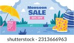 Monsoon Sale Poster. Monsoon Sale banner. Discount, Offers. monsoon season background. rainy day concept. rainy season. rainy background. rain. Umbrella. template, card, flyer. vector illustration.