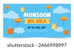 Monsoon Sale Poster. Monsoon Sale banner. Discount, Offers. monsoon season background. rainy day concept. rainy season. rainy background. rain. Umbrella. template, card, flyer. vector illustration..