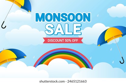 Poster zum Monsunverkauf. Monsun Sale Banner, Rabatt, Angebote, Monsun Saison Hintergrund