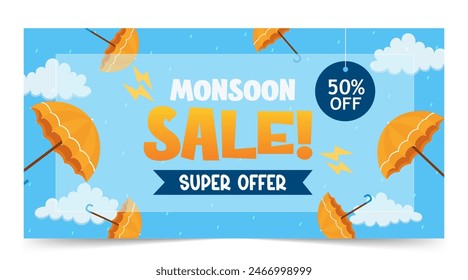 Monsoon Sale Poster. Monsoon Sale banner. Discount, Offers. monsoon season background. rainy day concept. rainy season. rainy background. rain. Umbrella. template, card, flyer. vector illustration..