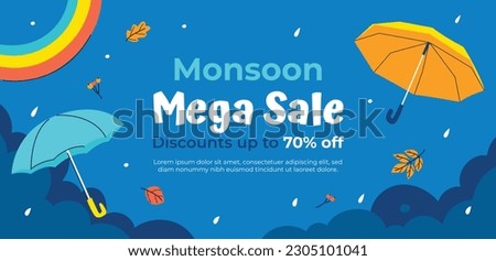Monsoon Sale Poster.  Monsoon Sale banner. Discount, Offers. monsoon season background. rainy day concept. rainy season. rainy background. rain. Umbrella. template, card, flyer. vector illustration. 商業照片 © 