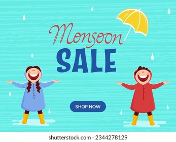 Monsoon Sale Poster Design with Character of Cheerful Kids Enjoying Rainy Season, Umbrella on Turquoise Background.