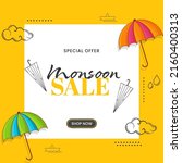 Monsoon Sale Poster Design Decorated With Umbrella, Drops, Paper Boat, Clouds On White And Chrome Yellow Background.