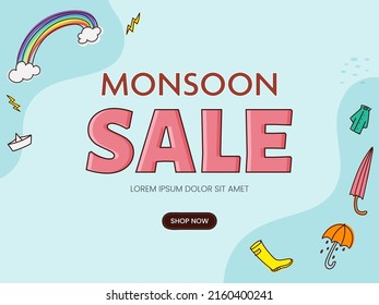 Monsoon Sale Poster Design With Doodle Umbrella, Boot, Raincoat, Rainbow, Paper Boat, Lightning Bolt On Blue Background.