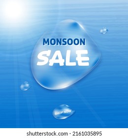 Monsoon Sale Poster Design With Glossy Water Fluid On Blue Shiny Background.