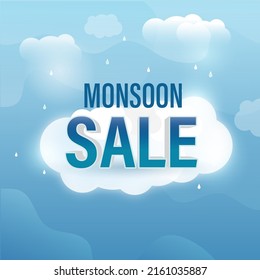 Monsoon Sale Poster Design With Rainy Clouds On Glossy Blue Background.