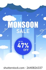 Monsoon Sale poster template, seasonal promo. Design of drizzle illustrations and wind