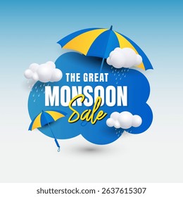 Monsoon Sale Promotion Banner Design Template with Rain and Clouds Theme