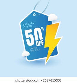 Monsoon Sale Promotion Banner Highlighting 50% Discount with Rain and Clouds Theme