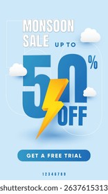 Monsoon Sale Promotion Banner Highlighting 50% Discount with Rain and Clouds Theme