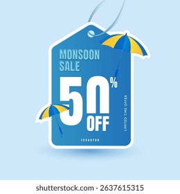 Monsoon Sale Promotion Banner Highlighting 50% Discount with Rain and Clouds Theme