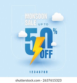 Monsoon Sale Promotion Banner Highlighting 50% Discount with Rain and Clouds Theme