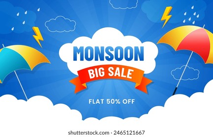 Monsoon sale with rainy background. Rainy season, Umbrella with raindrops and lighting