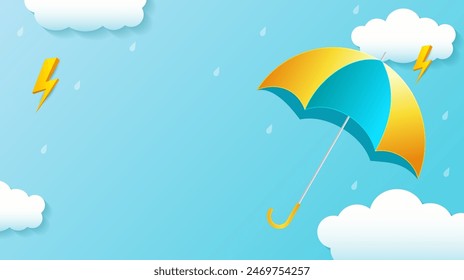 Monsoon sale with rainy background. Rainy season, Umbrella with raindrops and lighting