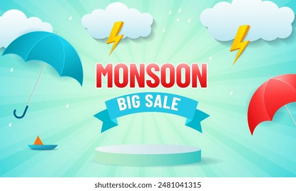 Monsoon sale with rainy background. Rainy season, Umbrella with raindrops and lighting