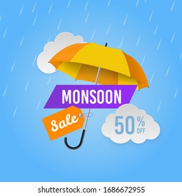 Monsoon sale. Season promotional offers, shop banner. Web header design with umbrella and raindrops advertise discount vector poster with rainy weather