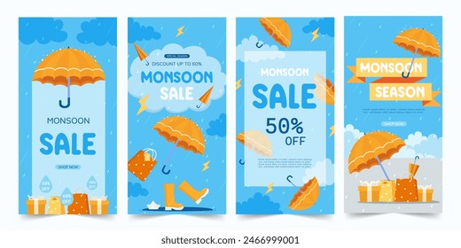 Monsoon sale, Set of 4 vector brouchure, Discount, Offers. monsoon season background. rainy day concept. rainy season. rainy background. rain. Umbrella. template, Vector illustration..