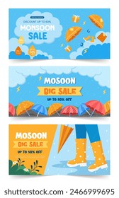 Monsoon sale, Set of 4 vector brouchure, Discount, Offers. monsoon season background. rainy day concept. rainy season. rainy background. rain. Umbrella. template, Vector illustration..