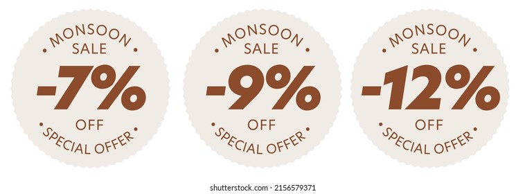 Monsoon sale special offer up to 7, 9, 12 percent off stamp. Set of product badge discount label for special offer during big sale campaign vector illustration