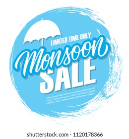 Monsoon Sale special offer banner with handwritten text design and circle brush stroke background for monsoon season shopping, promotion and advertising. Vector illustration.