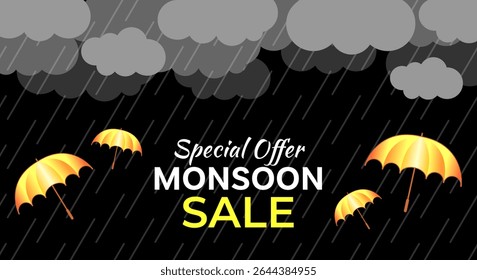 Monsoon Sale Special Offers background template. Design of illustrated rain cloudy dark and golden umbrella
