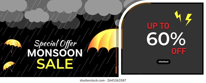 Monsoon Sale Special Offers banner template. Design of illustrated rain cloudy dark and golden umbrella. thunder