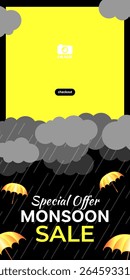 Monsoon Sale Special Offers banner template. Design of illustrated rain cloudy dark and golden umbrella