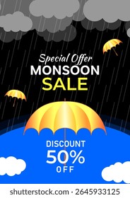 Monsoon Sale Special Offers Poster template. Design of illustrated rain cloudy dark and golden umbrella