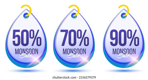 Monsoon Sale Tag Set With Up To 50, 70, 90 Percent Price Off. Promo Badge Label Or Goods Emblem For Merchandise And Distribution Vector Illustration. Fashion Online Promotion Campaign