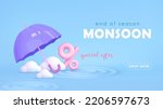 Monsoon sale template. Umbrella, clouds, percent in water on blue background. Autumn concept season design element. Vector cartoon illustration