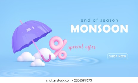 Monsoon sale template. Umbrella, clouds, percent in water on blue background. Autumn concept season design element. Vector cartoon illustration