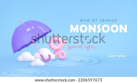 Monsoon sale template. Umbrella, clouds, percent in water on blue background. Autumn concept season design element. Vector cartoon illustration