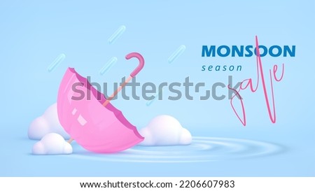 Monsoon sale template. Umbrella, clouds, percent in water on blue background. Autumn concept season design element. Vector cartoon illustration