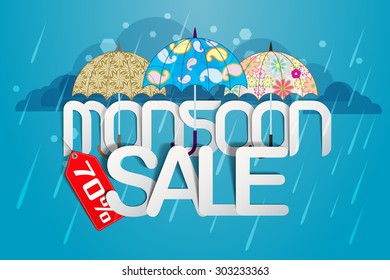 Monsoon Sale Typography Paper Folding Design / Monsoon offer and sale banner, flyer or poster.
