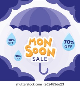 Monsoon sale vector with umbrella, rain drops, and discount labels. Seasonal rainy promotion banner with bold typography. Ideal for e-commerce, advertising, and social media marketing.