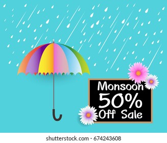 Monsoon Sale vector,rain and storm, 50% off