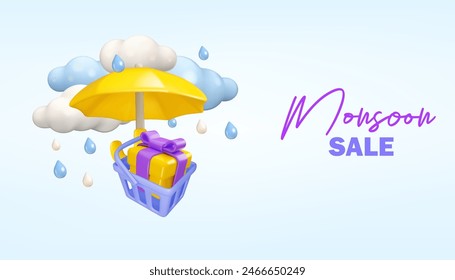 Monzón venta Plantilla de Anuncio de Web. Fondo de maqueta de póster 3d de Vector, ilustración de otoño de lluvia. Paraguas amarillo, nubes y gotas. Regalo en la cesta de la compra, promoción de descuento con diseño de dibujos animados lindo