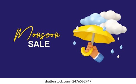 Monsoon sale web banner template. Yellow umbrella in hand, clouds and drops. Vector 3d poster mockup background, rain autumn illustration, discount promotion with cute cartoon design