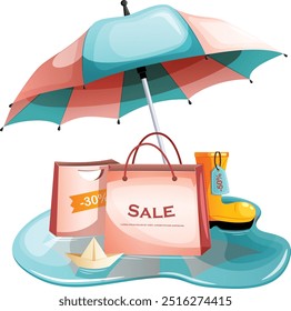 Monsoon Sale Web Graphic. Guarda-chuva, saco de compras, Rainboot com etiqueta de desconto e barco de papel em uma poça 