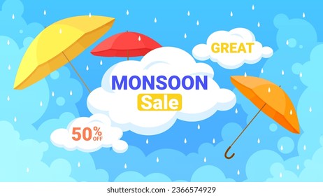 Monsoon sales, promotion offer banner vector illustration. Cartoon yellow, red and orange umbrellas in rainy weather and clouds in sky, blue rain season for shopping and big discounts flyer background