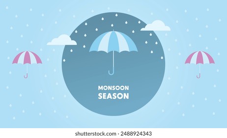 Monsoon season background with clouds, rain, and umbrella's. Vector design.