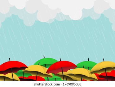 Monsoon season background with umbrella, cloud and heavy rain. sale banner. season off layout. special offer poster. Promotion advertising template