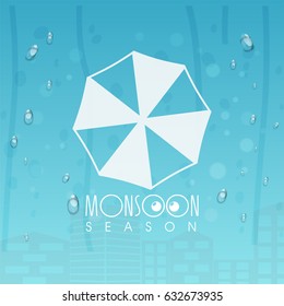 Monsoon Season background with umbrella and rain drops.