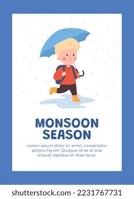 Monsoon season banner or card template with child boy running with umbrella, flat cartoon vector illustration. Rainy monsoon weather joy and fun banner or poster.