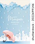 Monsoon season banner sale with pastel color scheme and paper art style vector illustration