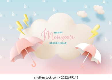 Monsoon Season Banner Sale With Pastel Color Scheme And Paper Art Style Vector Illustration